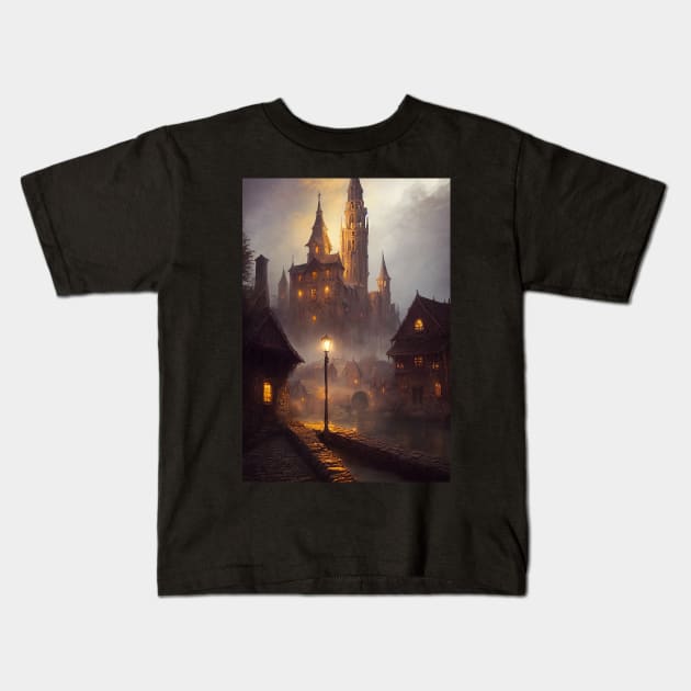 Medieval Fantasy Village at night Kids T-Shirt by ai1art